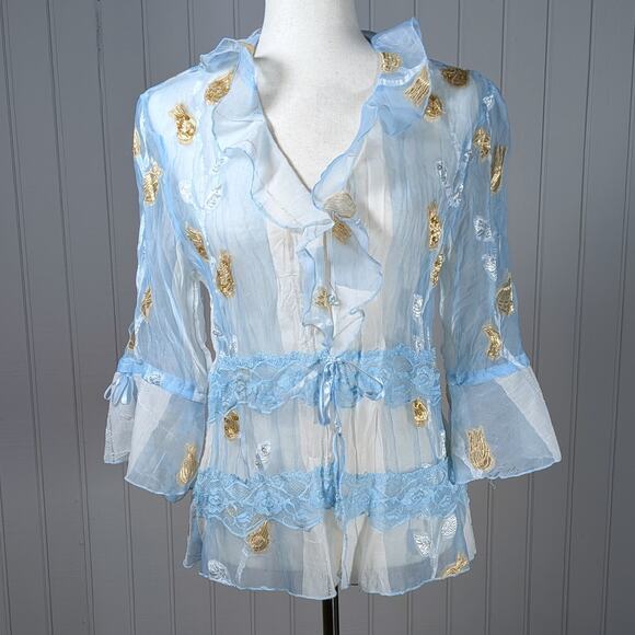 Jaipur Blue Sheer Sequin Ruffle Long Sleeve Crinkle Button Top Fairy Ribbons Med - Picture 1 of 7